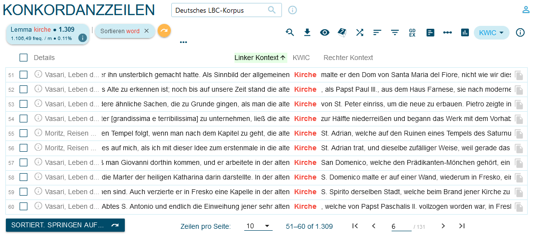 Search for concordances to the left of the lemma Kirche in the German corpus.