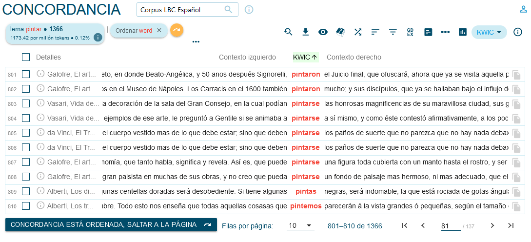 Search for concordances for the lemma pintar in the Spanish corpus without choice of order.
