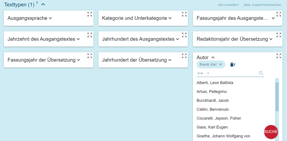 Recherche dans le corpus allemand par le biais de la fenêtre ‘Text types’.